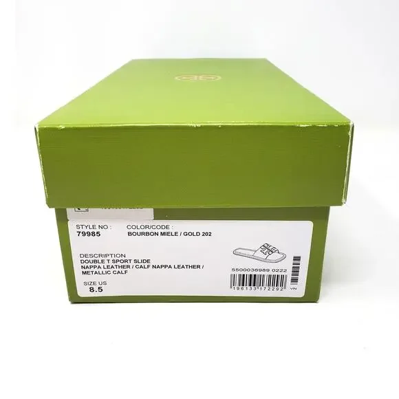 Tory Burch Double T Sport Slide Sandal Leather Bourbon Miele Gold 79985 Size 8.5 - Picture 10 of 10